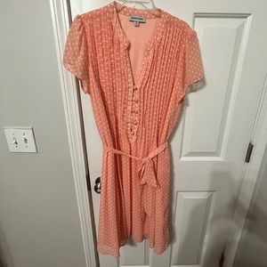Peach and white polka dot tie belt dress